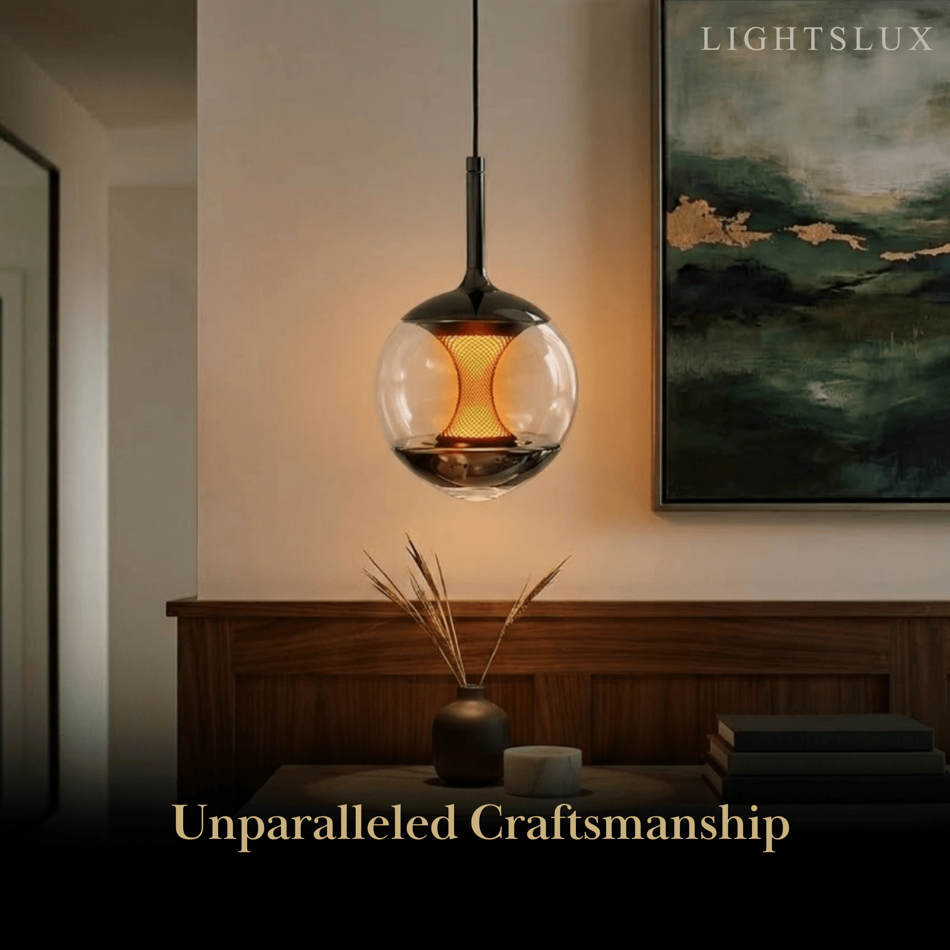 Modern Linear Pendant Light -- Black Metal & Glass Globe