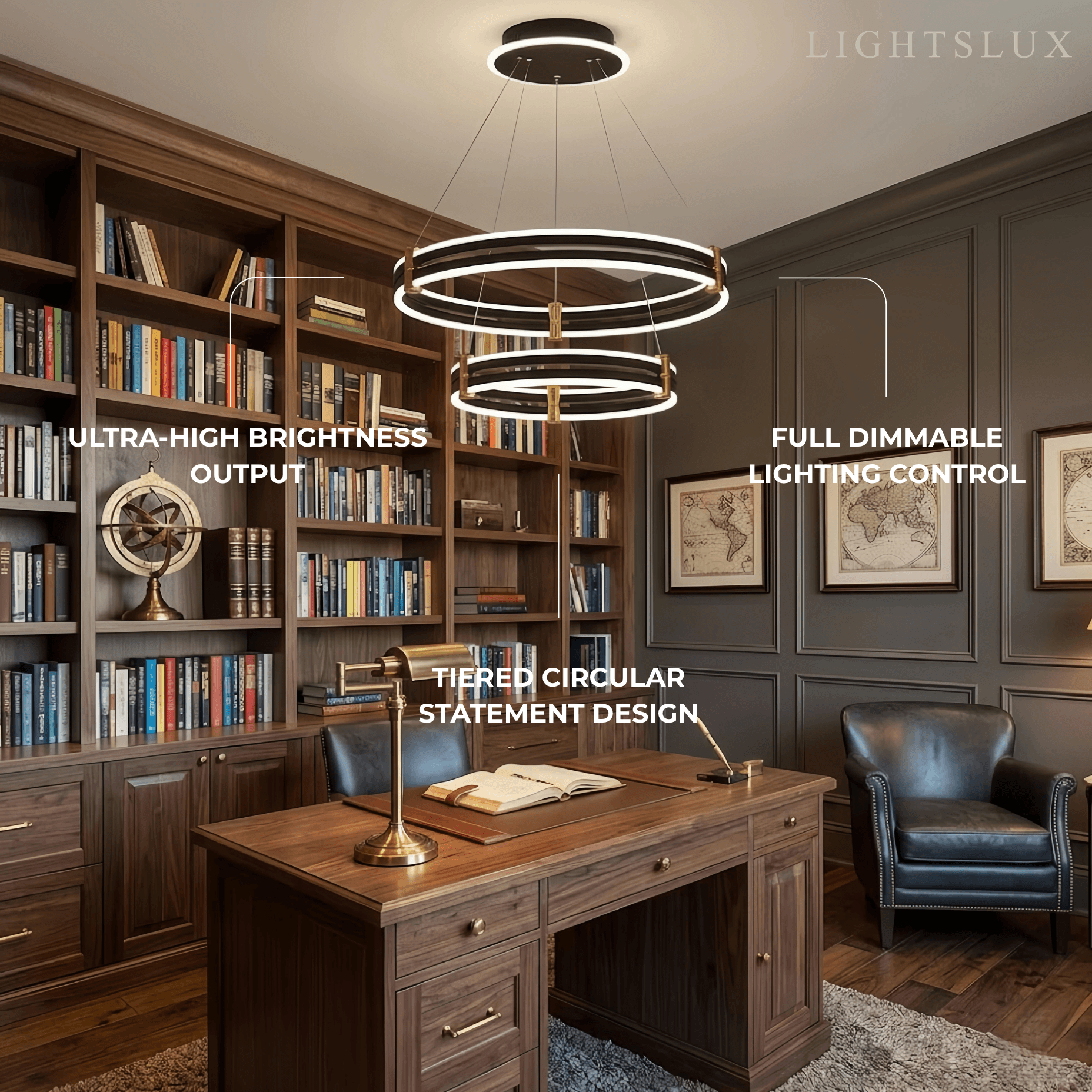 Modern Tiered Circular Chandelier -- Black Metal Rings