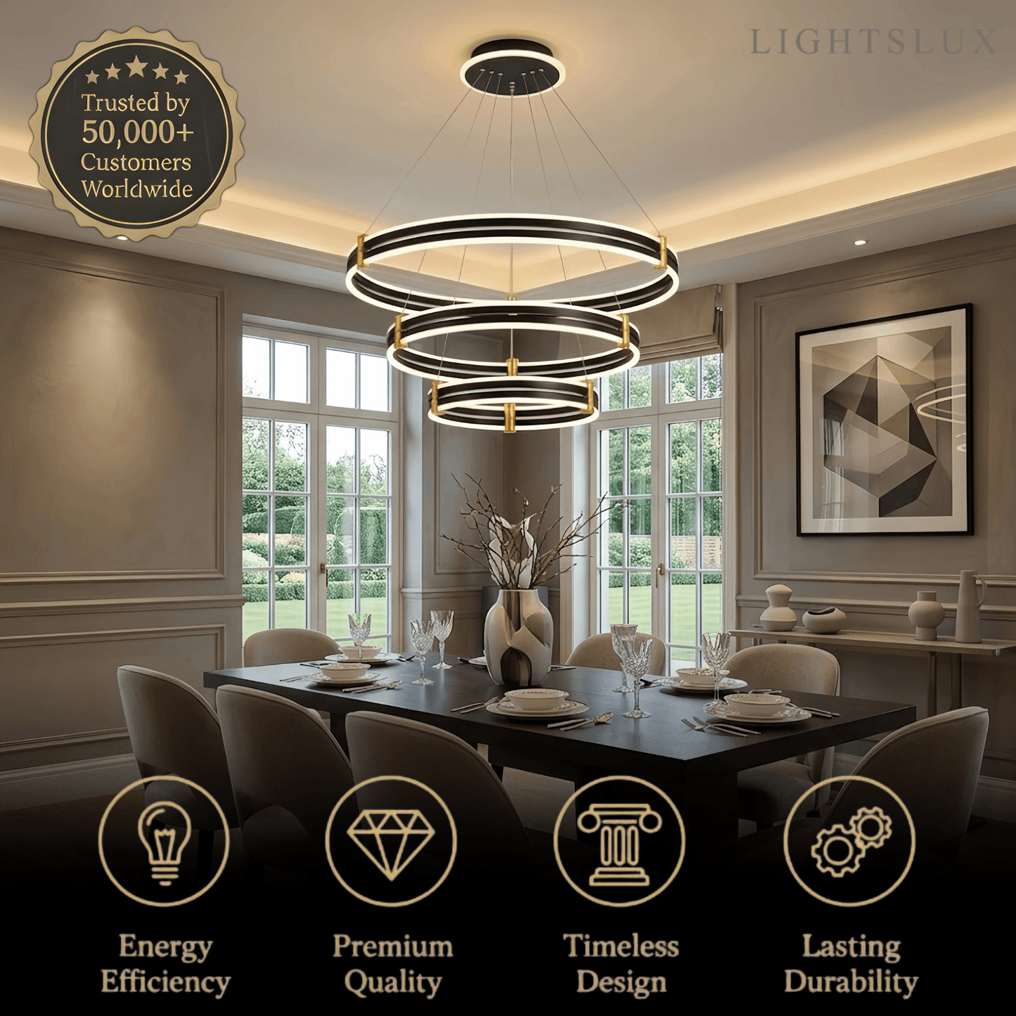 Modern Tiered Circular Chandelier -- Black Metal Rings