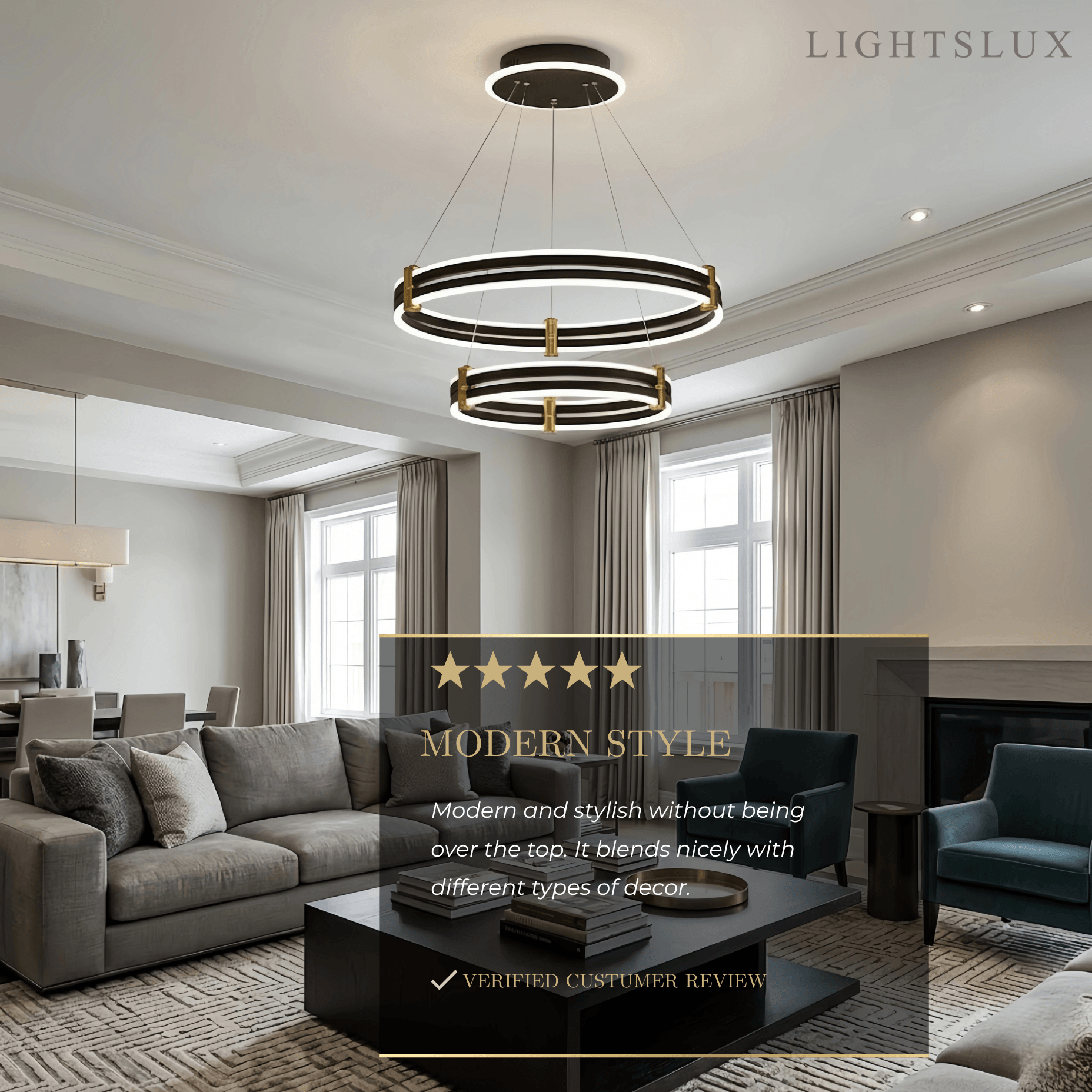 Modern Tiered Circular Chandelier -- Black Metal Rings