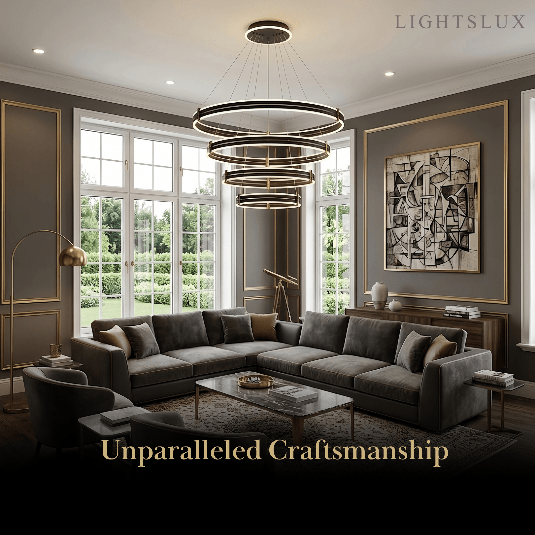 Modern Tiered Circular Chandelier -- Black Metal Rings