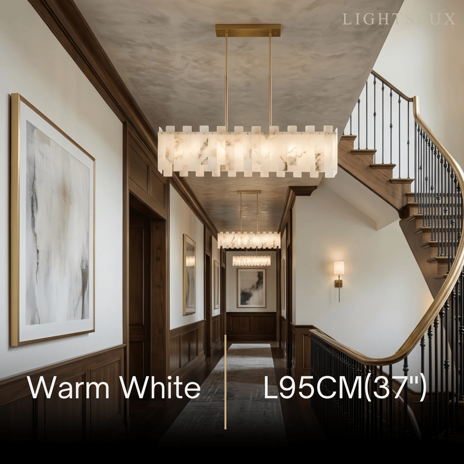 Art Deco Linear Alabaster Chandelier -- Gold Finish