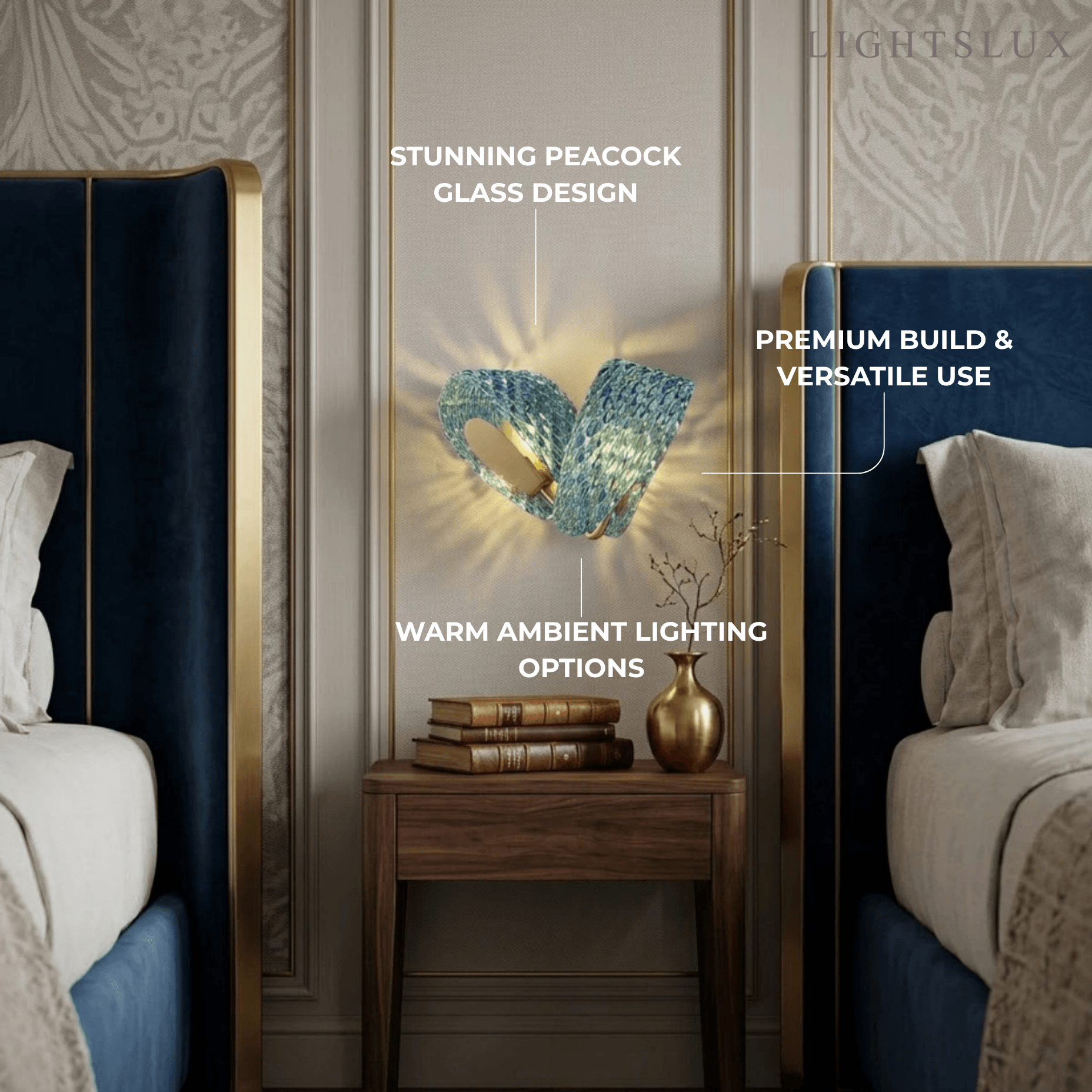 Art Deco Peacock Glass Wall Lamp -- Gold Frame