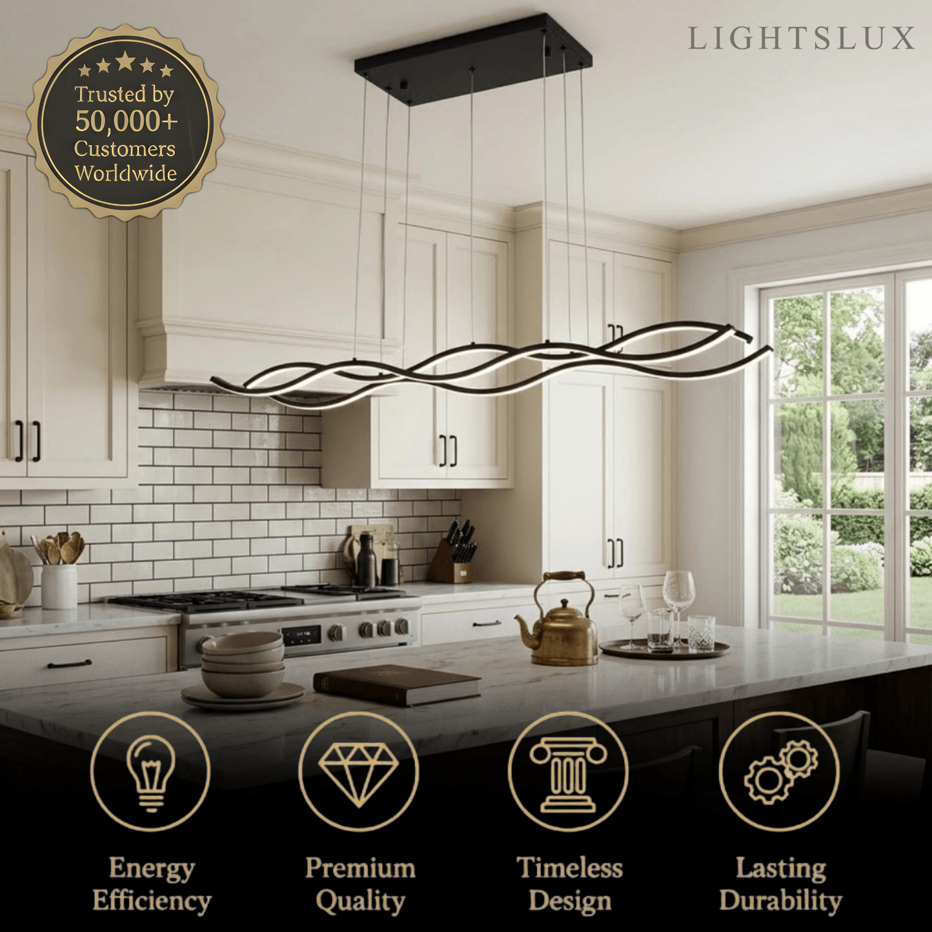 Modern Wavy Pendant Light -- Acrylic & Metal Black/White/Gold