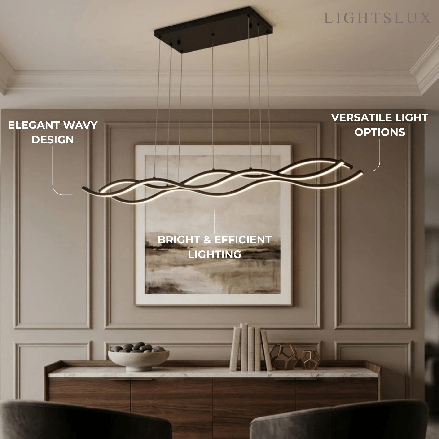 Modern Wavy Pendant Light -- Acrylic & Metal Black/White/Gold