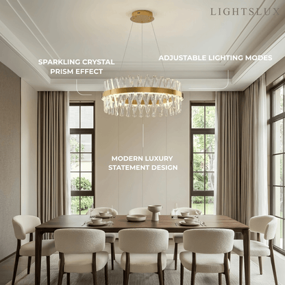 Excelis Crystal Prism Round Chandelier – Gold Metal for Dining Room / Living Room