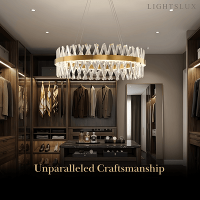 Excelis Crystal Prism Round Chandelier – Gold Metal for Dining Room / Living Room