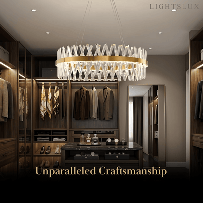Excelis Crystal Prism Round Chandelier – Gold Metal for Dining Room / Living Room