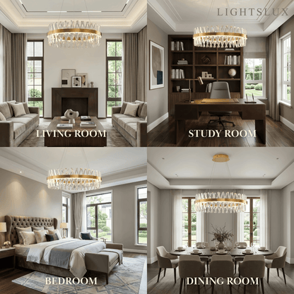 Excelis Crystal Prism Round Chandelier – Gold Metal for Dining Room / Living Room
