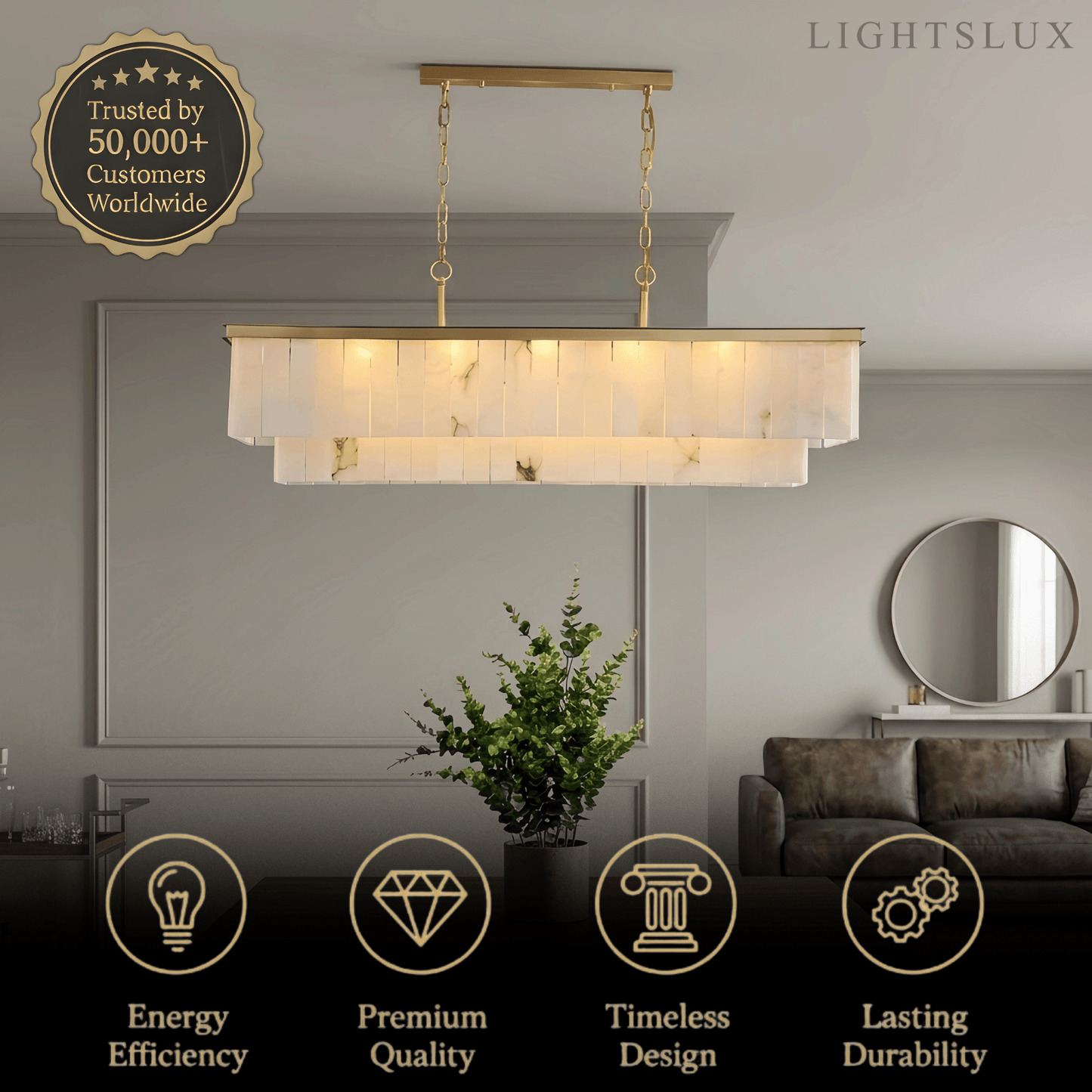 Modern Rectangular Alabaster Chandelier -- Gold