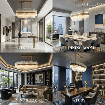 Excelis Luxury Rectangular Crystal Chandelier – Gold Frame for Dining Room / Kitchen