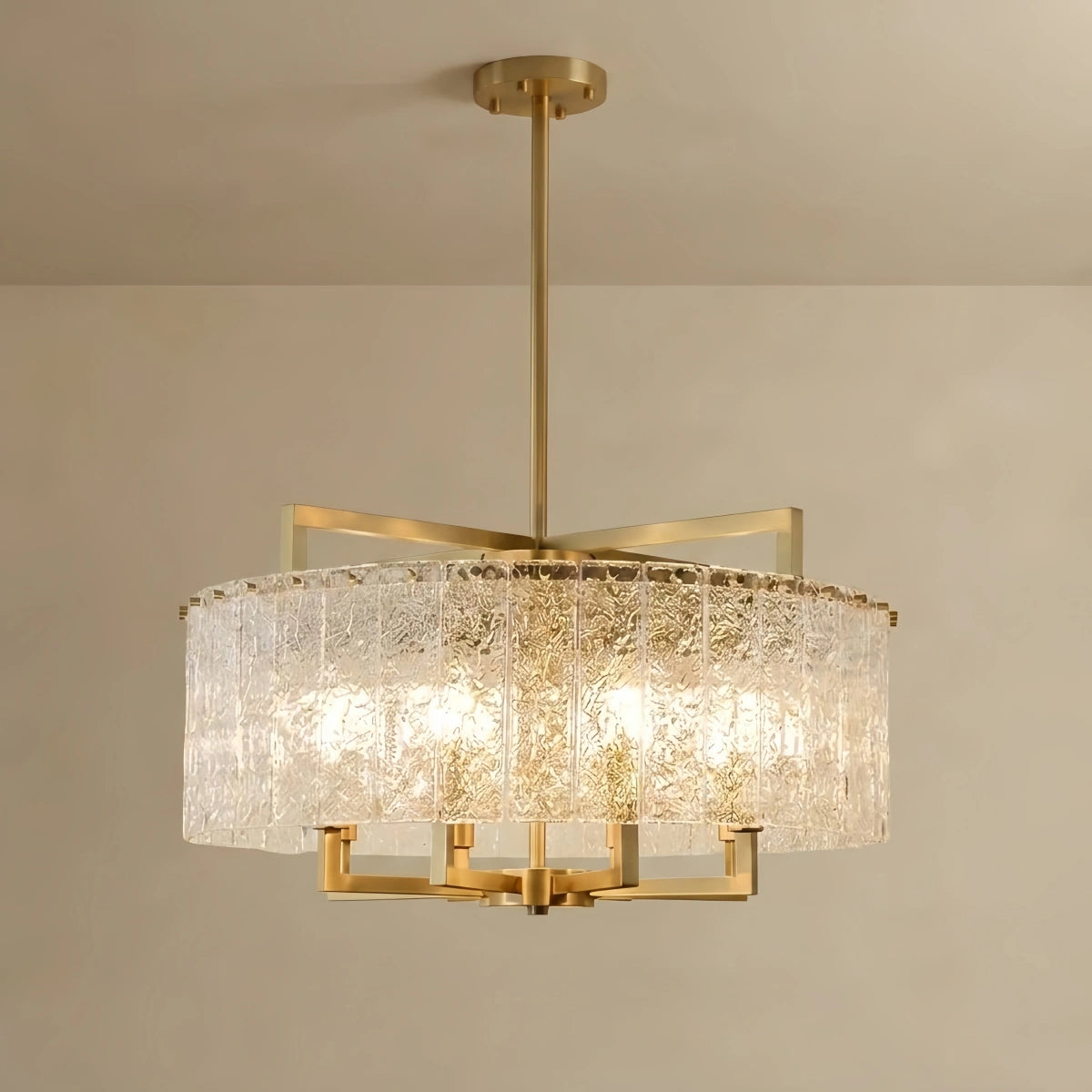 Excelis Modern Textured Glass Round Chandelier – Gold Brass for Dining Room 
