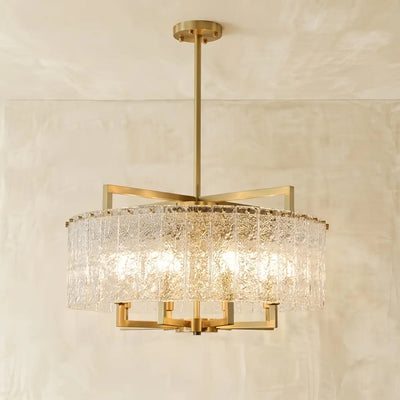 Excelis Modern Textured Glass Round Chandelier – Gold Brass for Dining Room / Kitchen