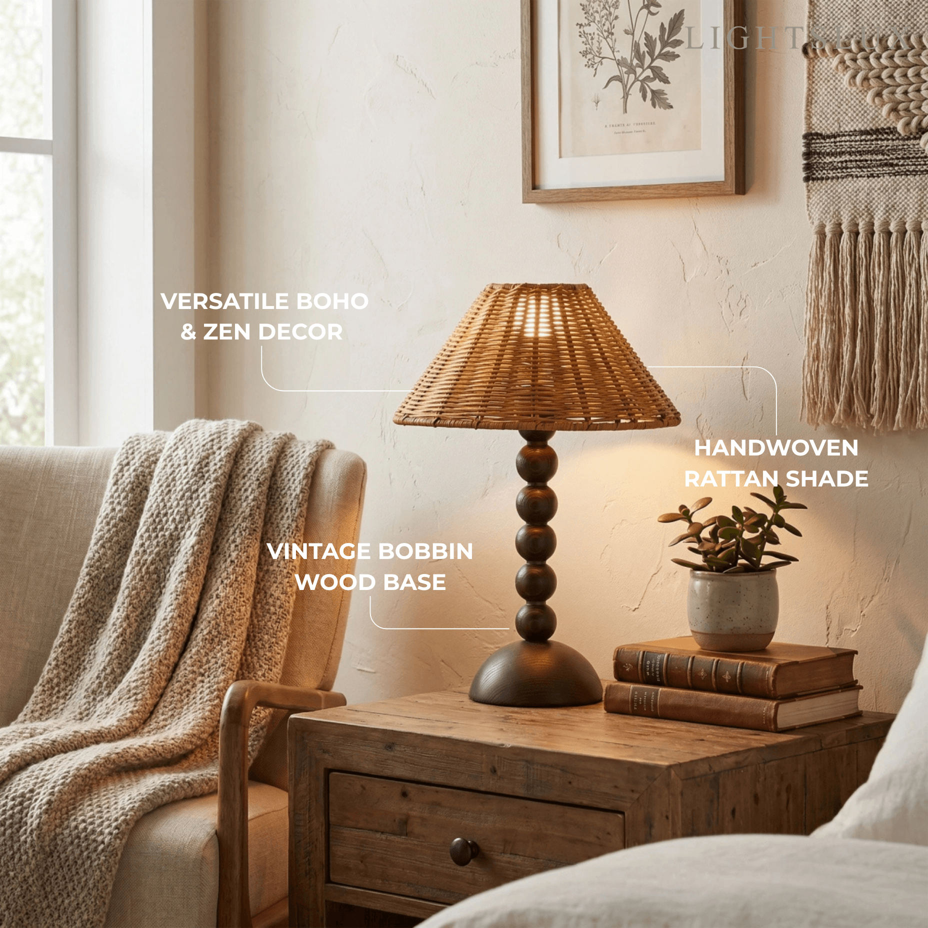 Bamburo Vintage Natural Wood & Rattan Table Lamp