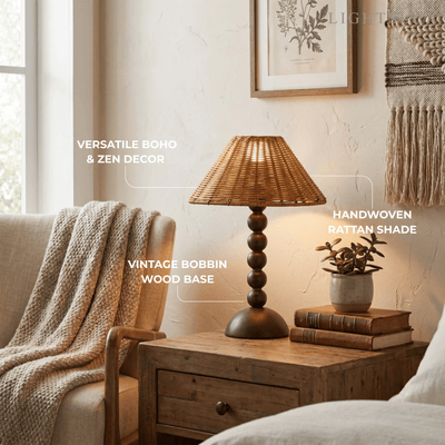Bamburo Vintage Natural Wood & Rattan Table Lamp