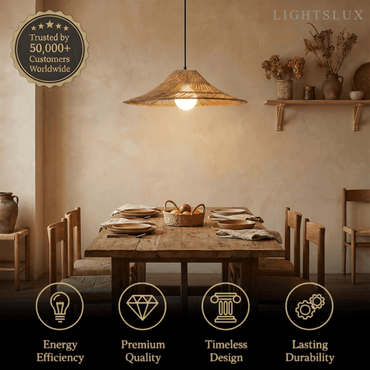 Bamburo Natural Rattan Pendant Light Conical Metal Woven Lamp