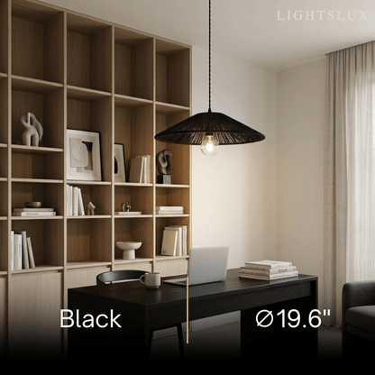 Bamburo Natural Japanese Style Rattan Pendant Light - Brown/Black Hemp Rope for Kitchen, Dining Room & Living Room