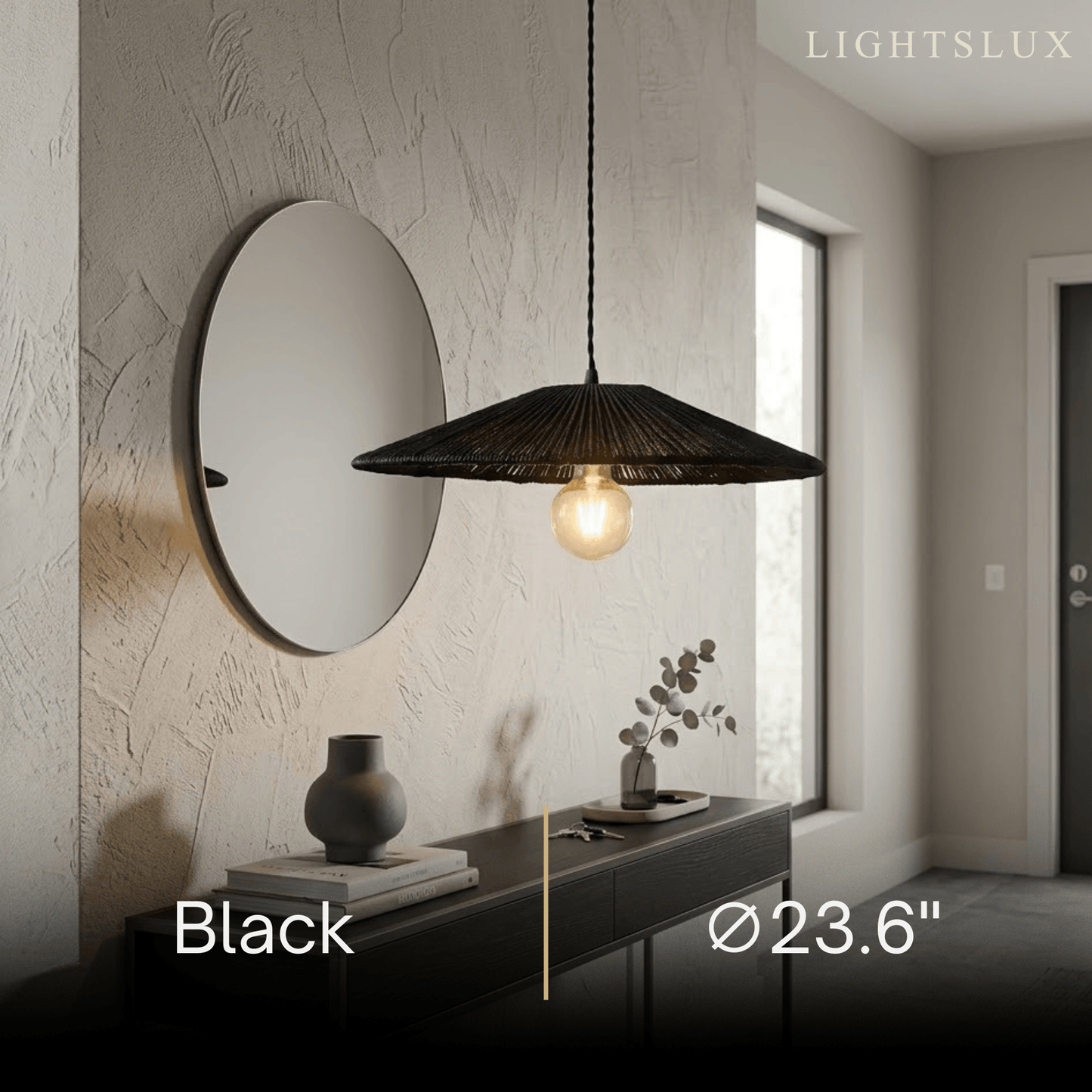 Bamburo Natural Japanese Style Rattan Pendant Light - Brown/Black Hemp Rope for Kitchen, Dining Room & Living Room
