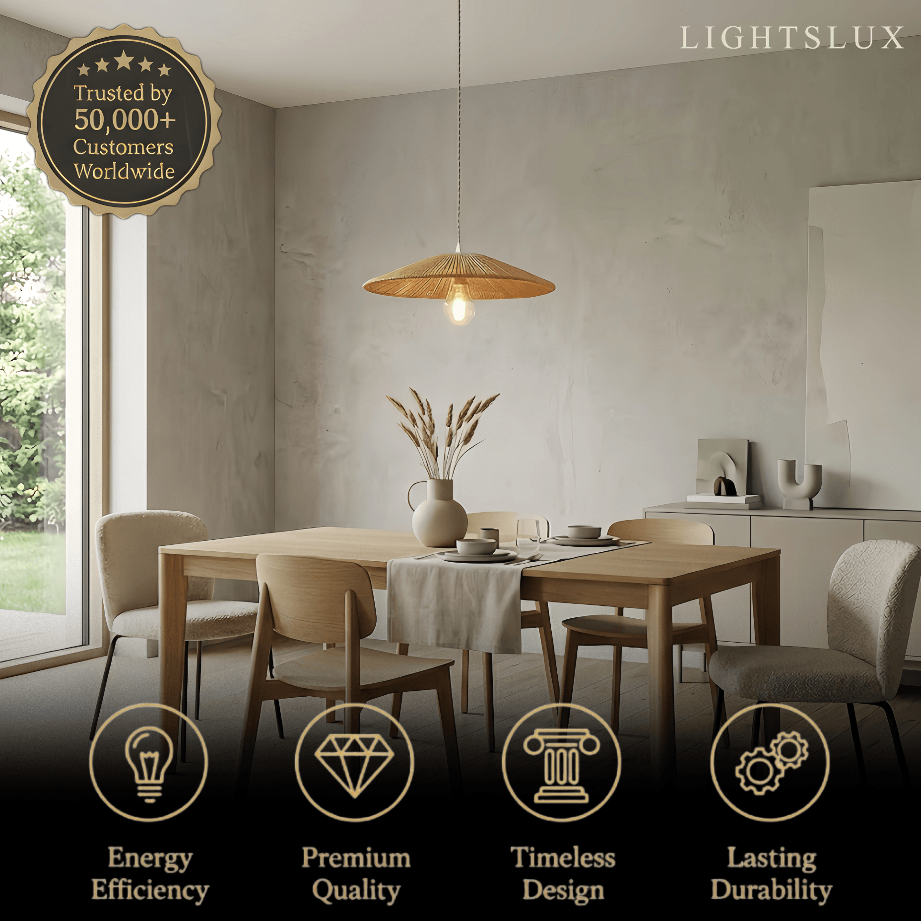 Bamburo Natural Japanese Style Rattan Pendant Light - Brown/Black Hemp Rope for Kitchen, Dining Room & Living Room