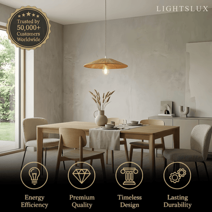 Bamburo Natural Japanese Style Rattan Pendant Light - Brown/Black Hemp Rope for Kitchen, Dining Room & Living Room