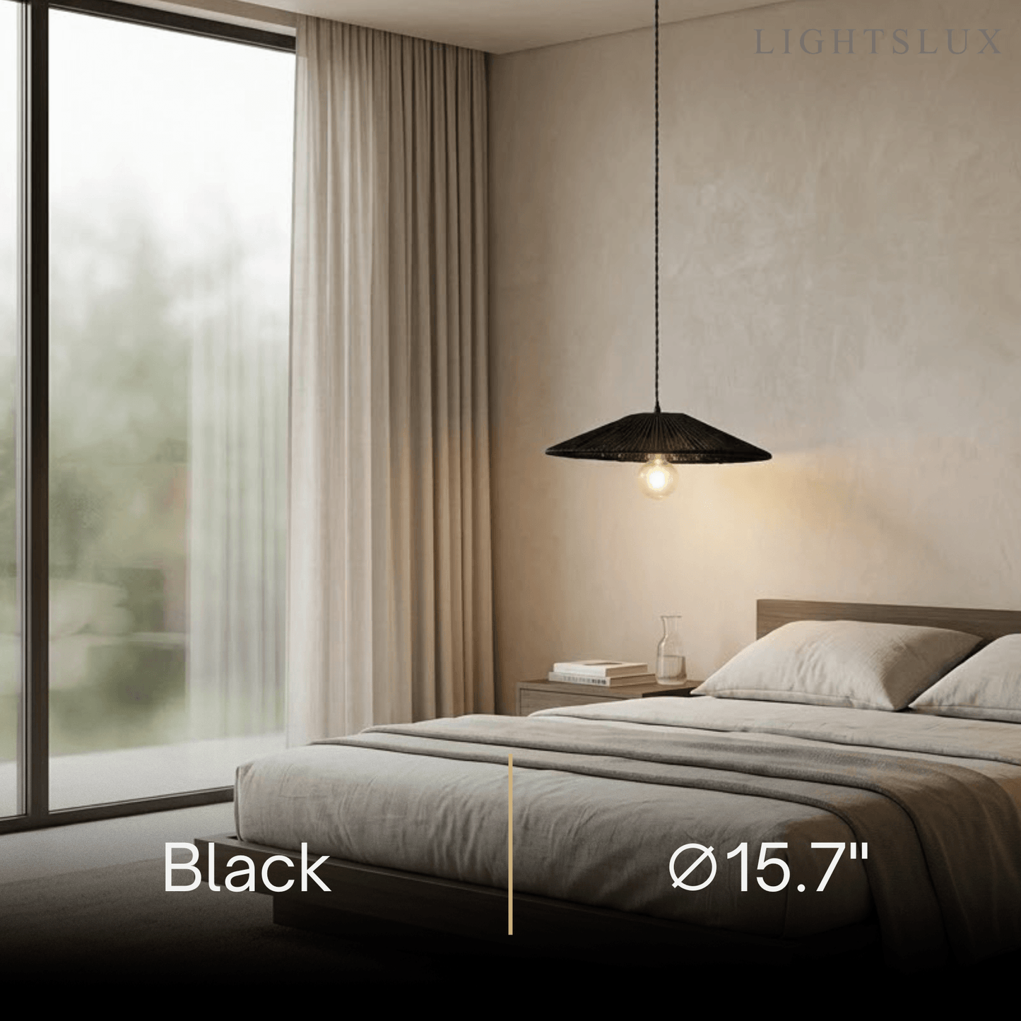 Bamburo Natural Japanese Style Rattan Pendant Light - Brown/Black Hemp Rope for Kitchen, Dining Room & Living Room