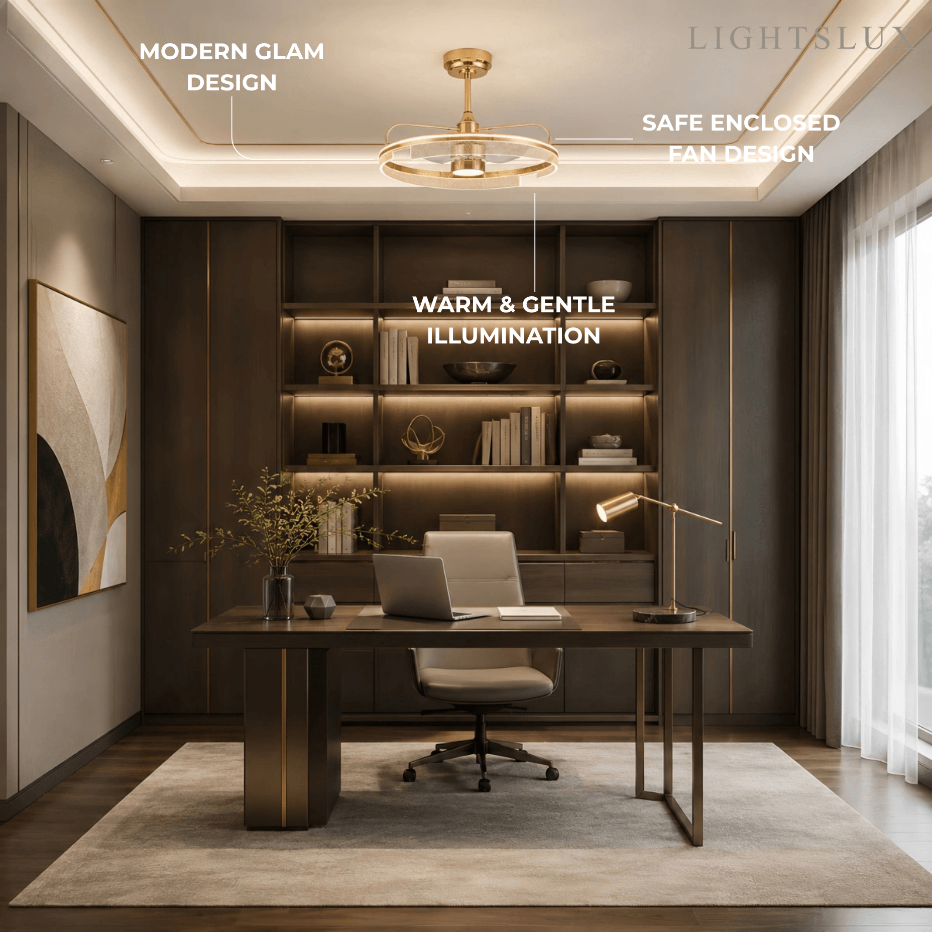 Excelis Luxury Ceiling Fan Lamp with LED -- Gold Aluminum & Acrylic for Living Room Dining Room