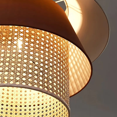 Pendant Lamp – Wood & Rattan with Fabric Shade for Living Room