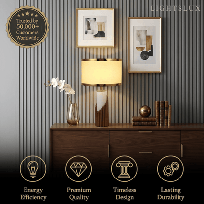 Lunara Royal Tischleuchte in Weiß und Gold – Zylindrisches Metall und Stoff fürs Schlafzimmer