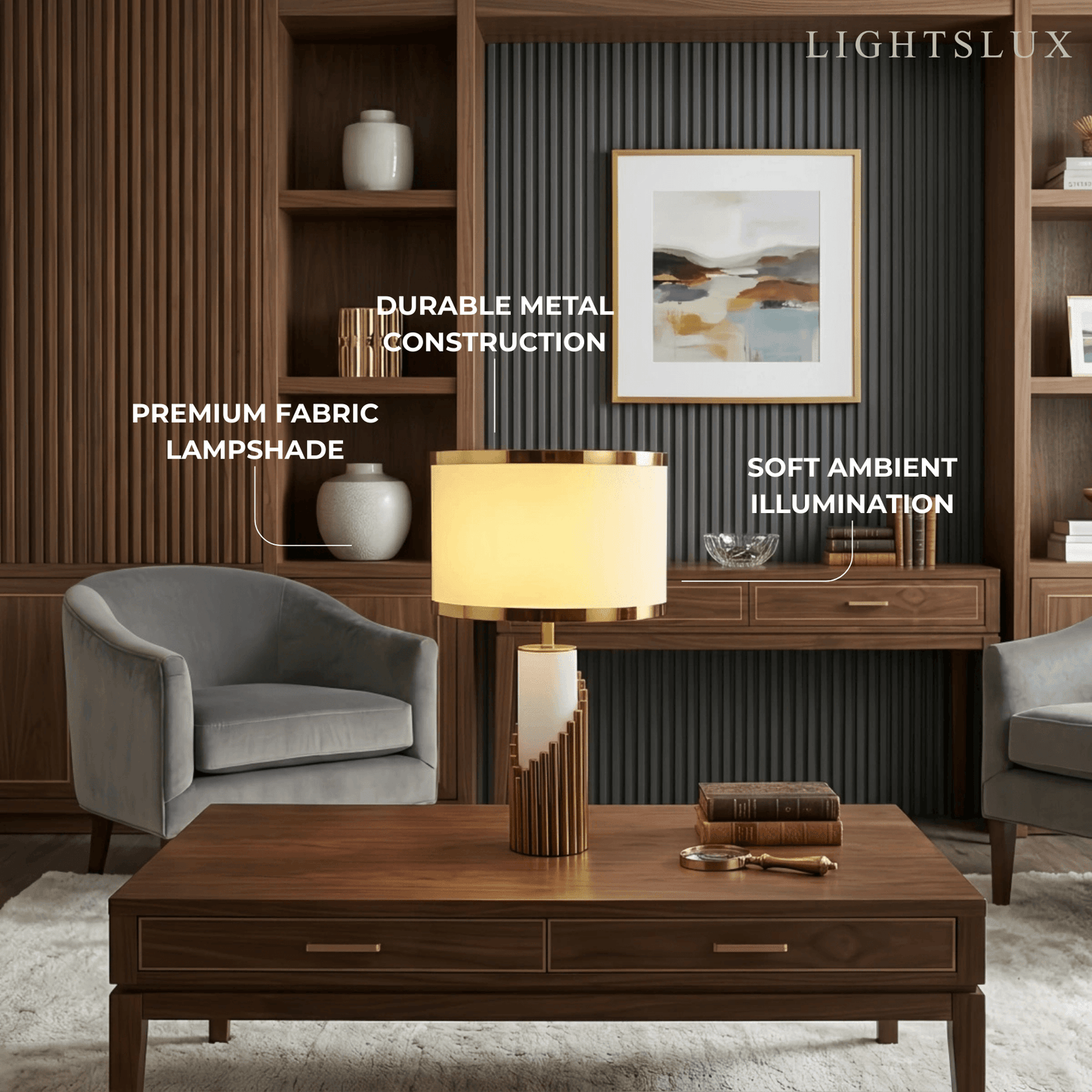 Lunara Royal Tischleuchte in Weiß und Gold – Zylindrisches Metall und Stoff fürs Schlafzimmer