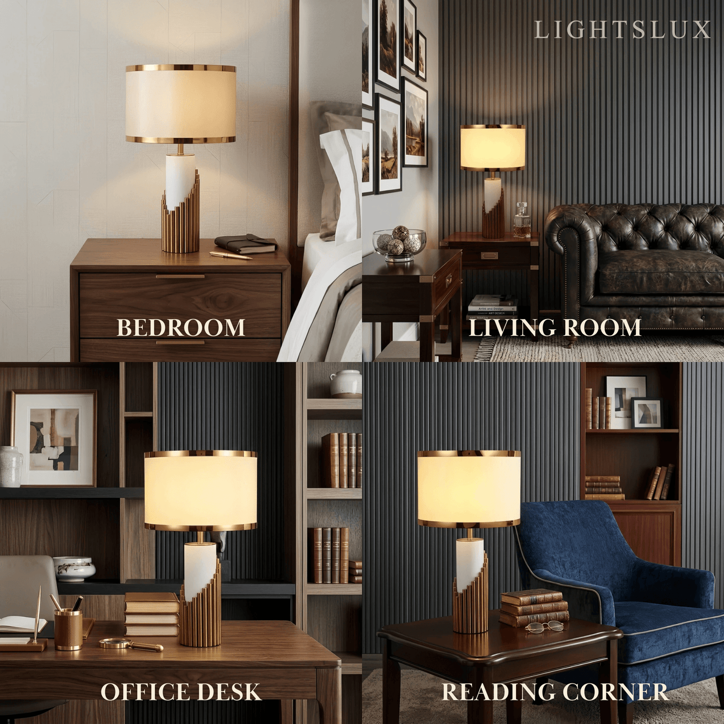 Lunara Royal Tischleuchte in Weiß und Gold – Zylindrisches Metall und Stoff fürs Schlafzimmer