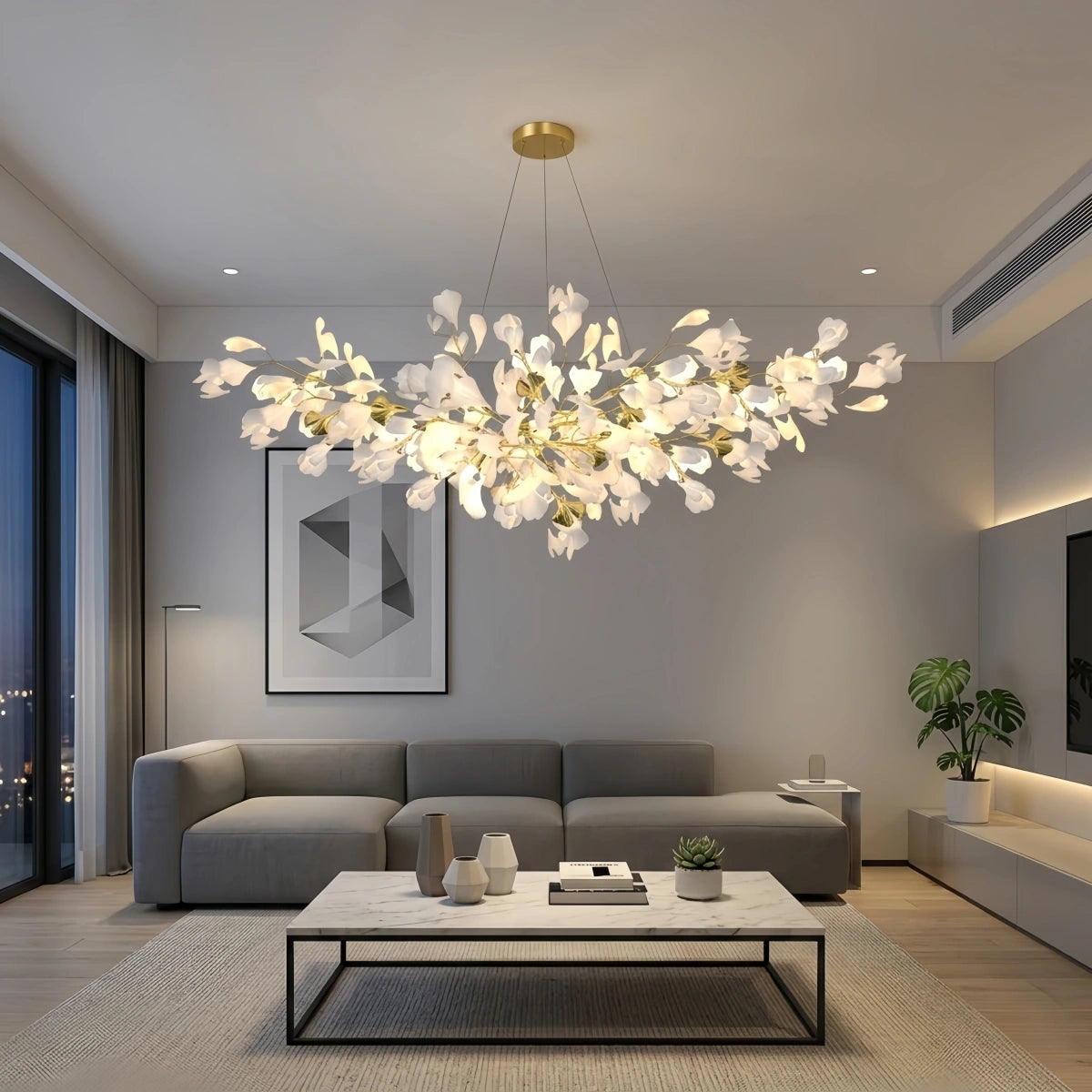 Excelis Art Deco White Chandelier – Metal/Acrylic Gingko Design for Living Room
