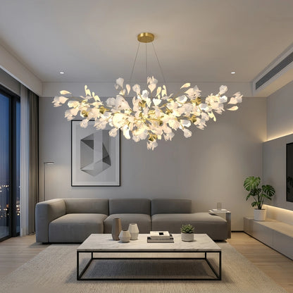 Excelis Art Deco White Chandelier – Metal/Acrylic Gingko Design for Living Room