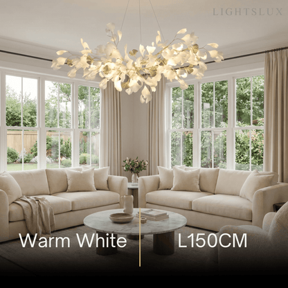 Excelis Art Deco White Chandelier – Metal/Acrylic Gingko Design for Living Room