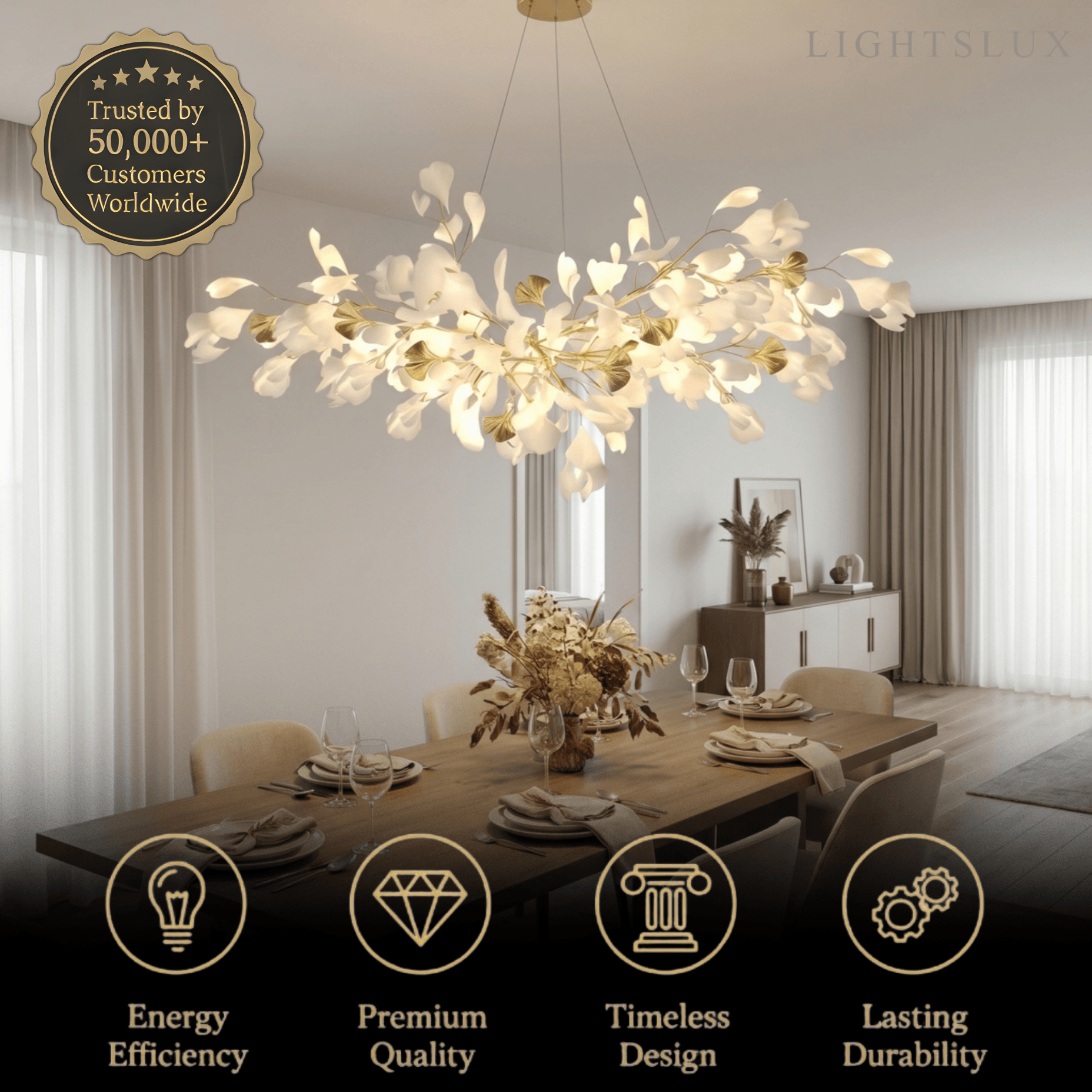 Excelis Art Deco White Chandelier – Metal/Acrylic Gingko Design for Living Room