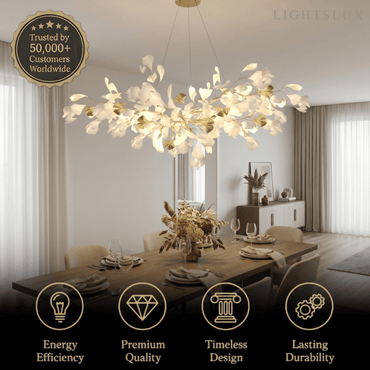 Excelis Art Deco White Chandelier – Metal/Acrylic Gingko Design for Living Room