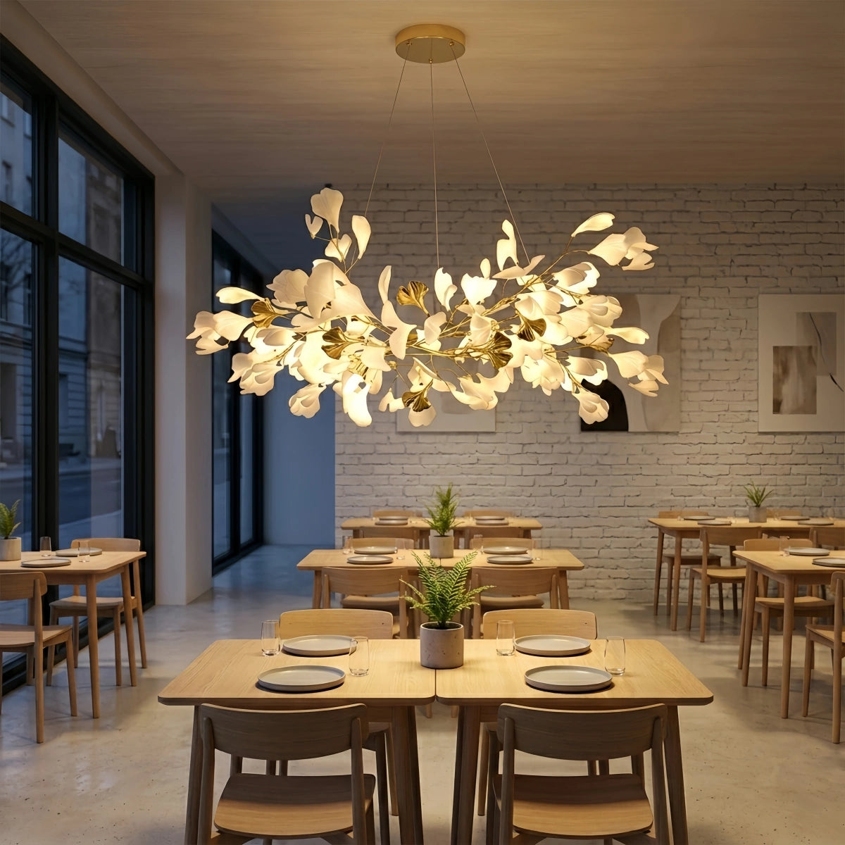 Excelis Art Deco White Chandelier – Metal/Acrylic Gingko Design for Living Room