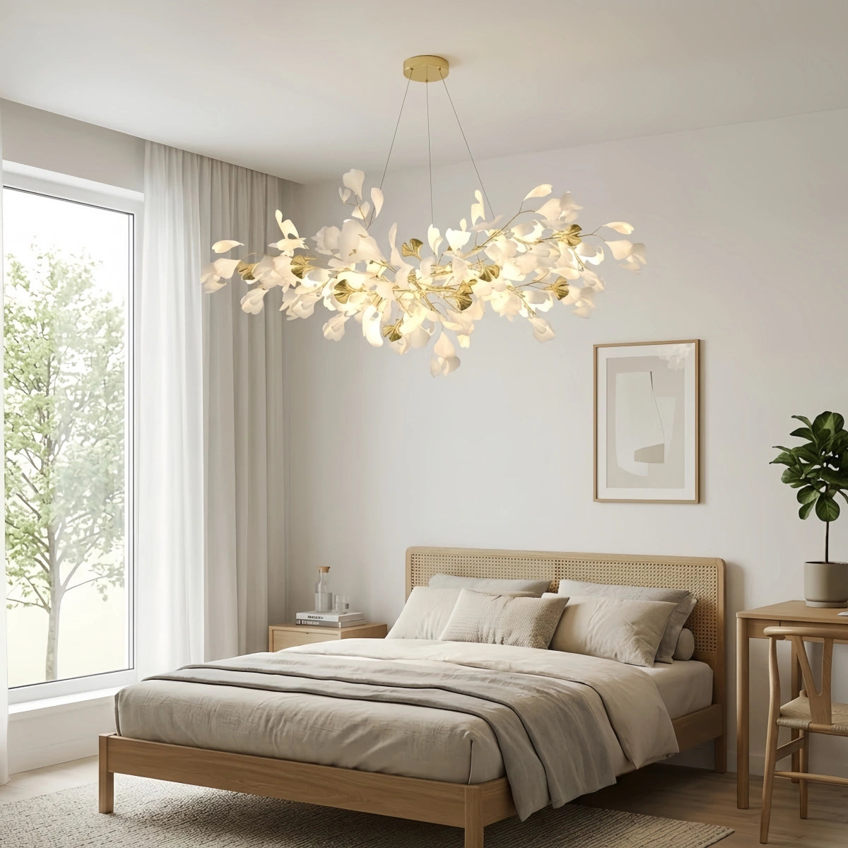 Excelis Art Deco White Chandelier – Metal/Acrylic Gingko Design for Living Room