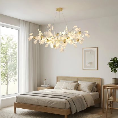Excelis Art Deco White Chandelier – Metal/Acrylic Gingko Design for Living Room