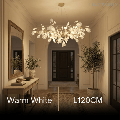 Excelis Art Deco White Chandelier – Metal/Acrylic Gingko Design for Living Room