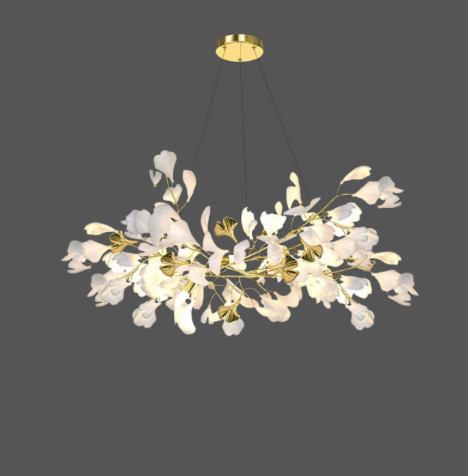 Excelis Art Deco White Chandelier – Metal/Acrylic Gingko Design for Living Room