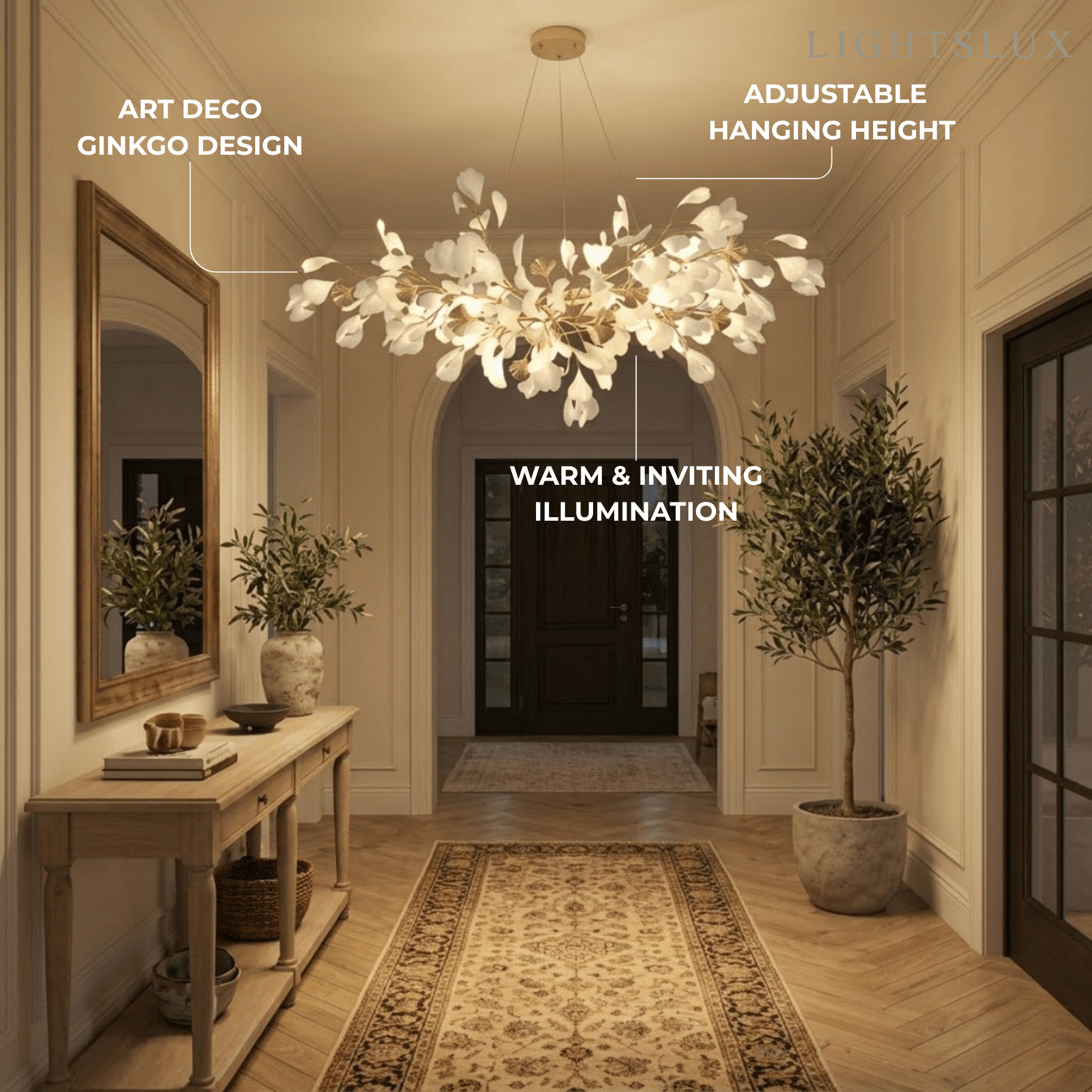 Excelis Art Deco White Chandelier – Metal/Acrylic Gingko Design for Living Room