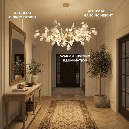 Excelis Art Deco White Chandelier – Metal/Acrylic Gingko Design for Living Room