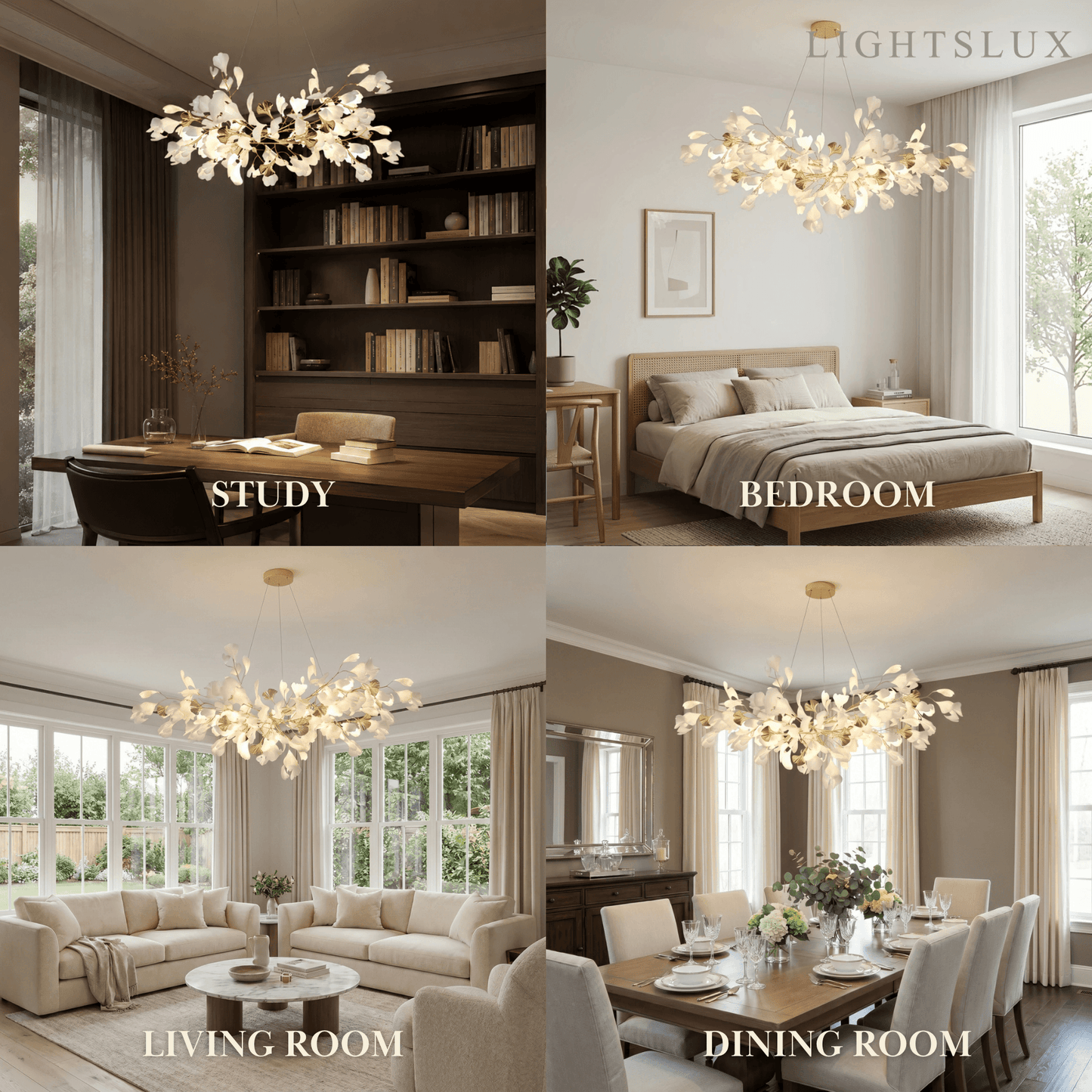 Excelis Art Deco White Chandelier – Metal/Acrylic Gingko Design for Living Room