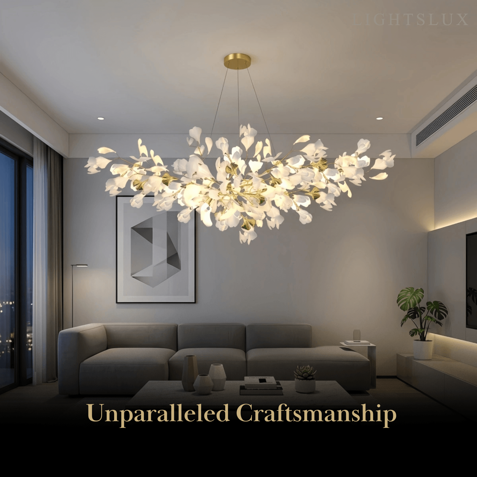 Excelis Art Deco White Chandelier – Metal/Acrylic Gingko Design for Living Room