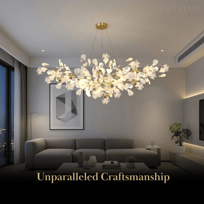 Excelis Art Deco White Chandelier – Metal/Acrylic Gingko Design for Living Room