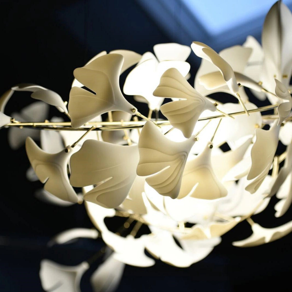 Art Deco White Chandelier – Metal/Acrylic Gingko Design