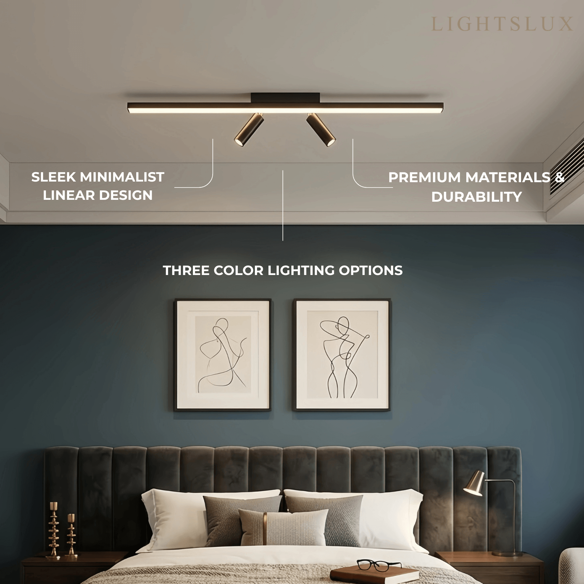 Arcato Minimalistische lineare Deckenleuchte – Schwarze Metallleuchte für Wohn-/Schlafzimmer