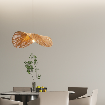 Bauernhaus Braun/Beige Pendelleuchte Metall Rattan Haube Esszimmer