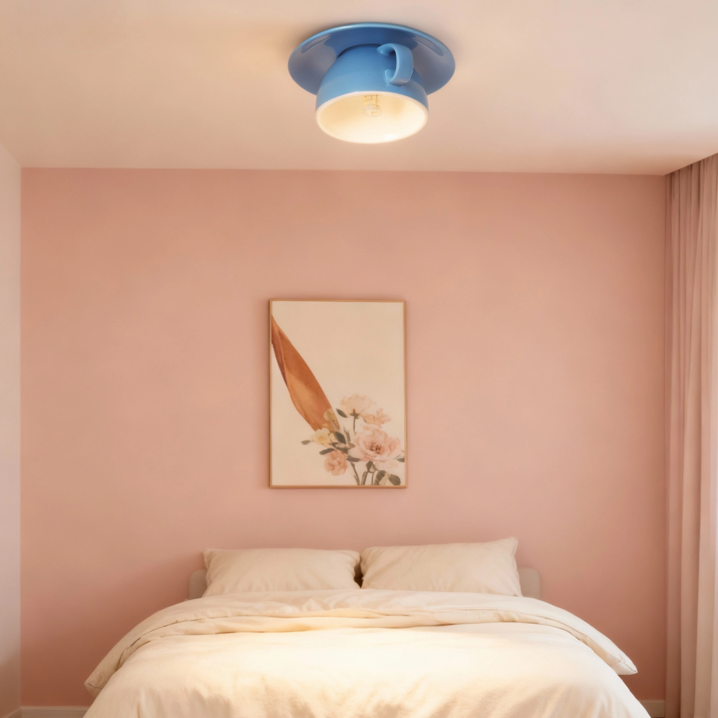 Art Deco Ceramic Ceiling Light - Blue Cup Design for Bedroom