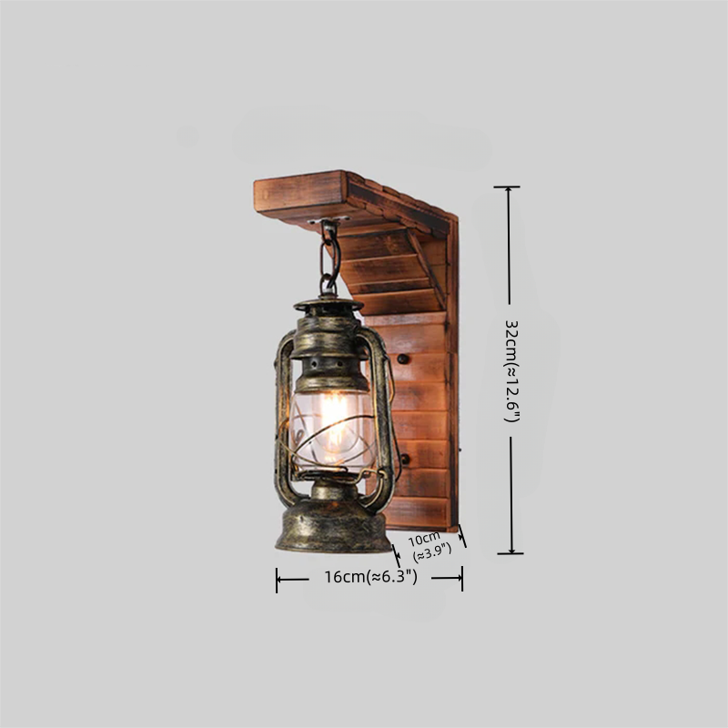 Irondale Vintage Wandleuchte Holz/Metall – Bernsteinfarbene Laterne für Schlafzimmer